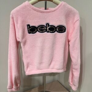BEBE Girls NWT Pretty Pink Logo Sweater with Logo in pink gold sequins